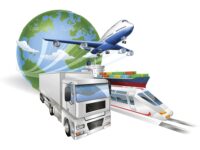 Global logistics concept illustration.. Globe, airplane (aeroplane), truck, train and cargo container ship.
